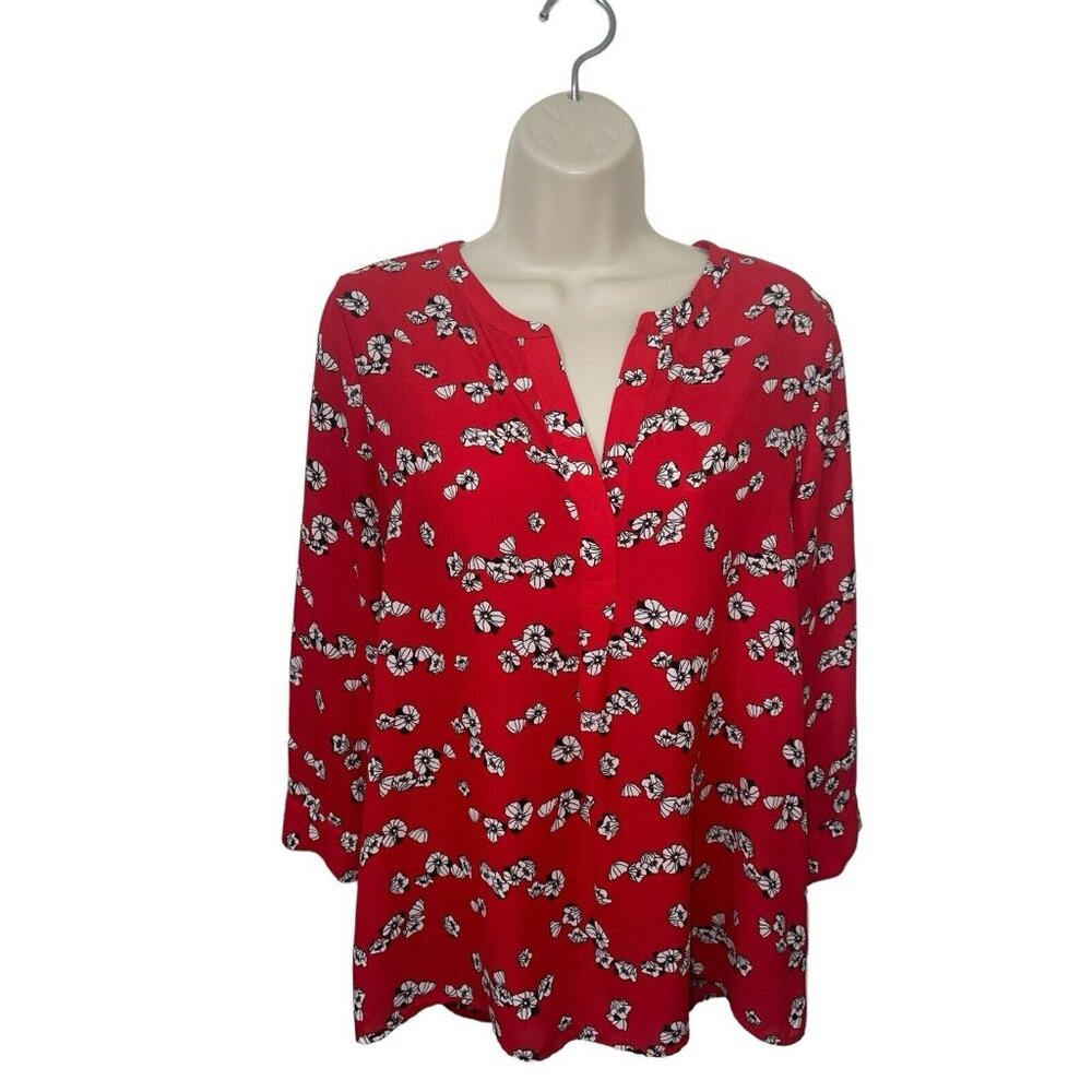 DALIA Women's Medium Red Floral High-Low Blouse 3/4 Sleeve
